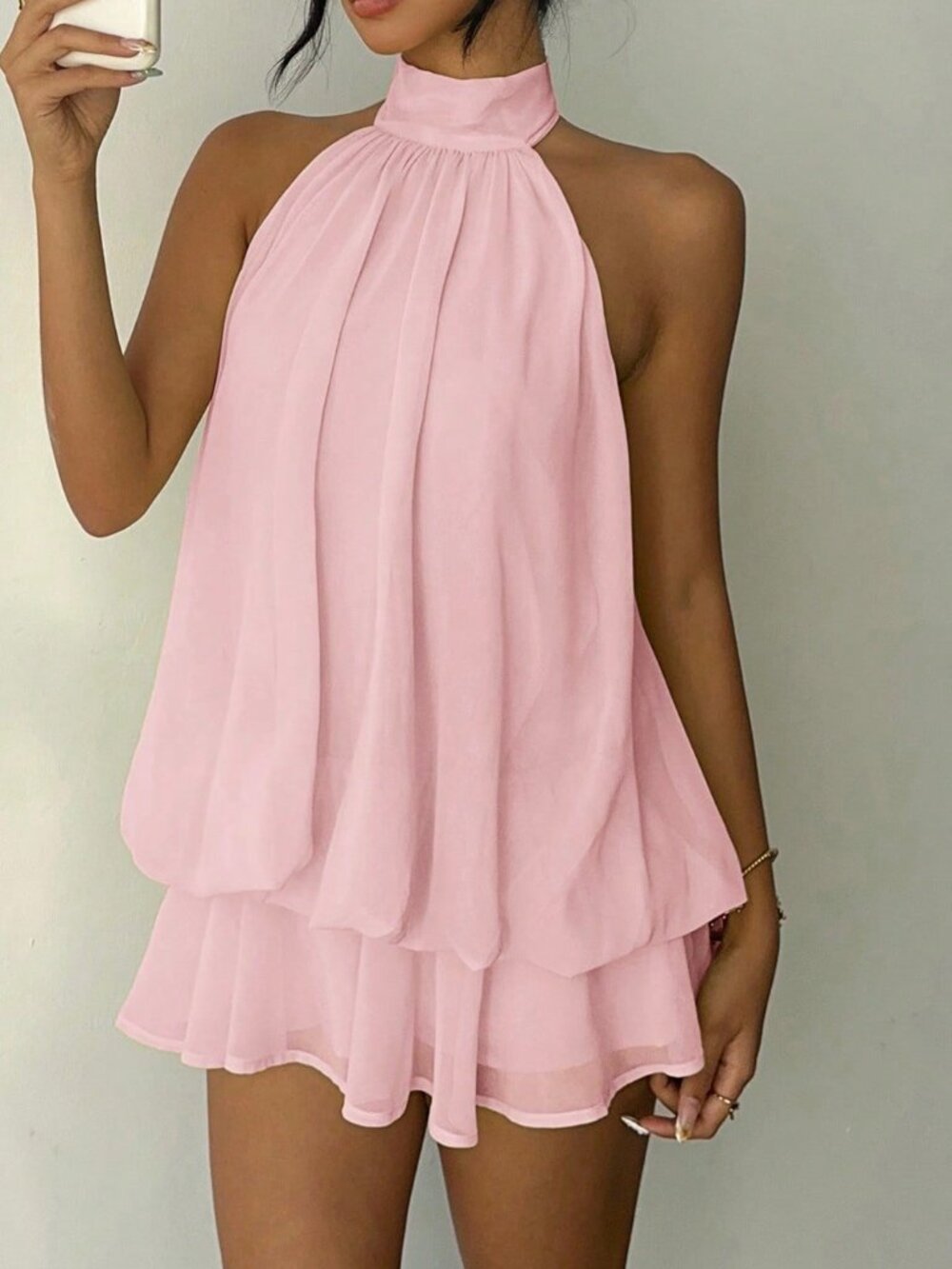 Baby Pink Casual Women's Elegant Halter Tie Mini Dress - Picture 4 of 7